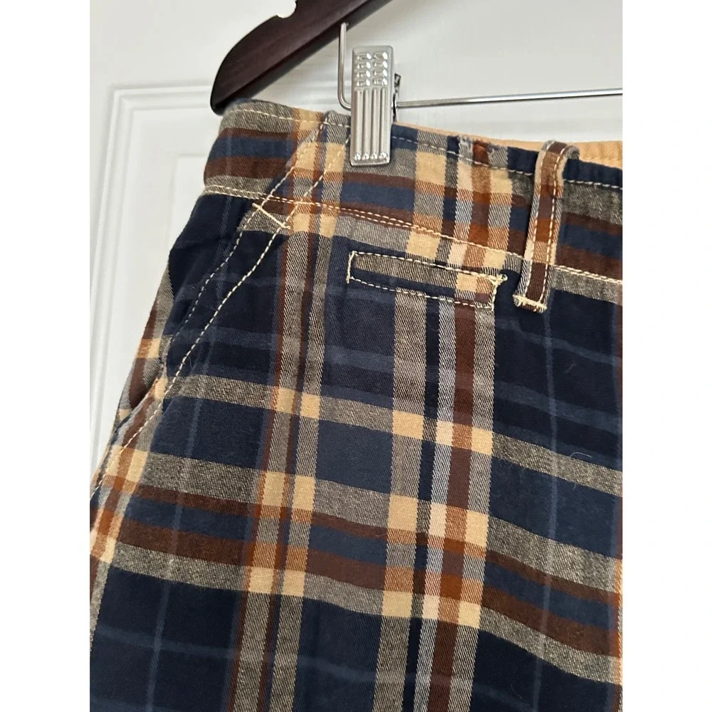 Vintage Plaid Mens Navy Blue Tan Brown Check Cotton Shorts Size 36 Heavy Washed